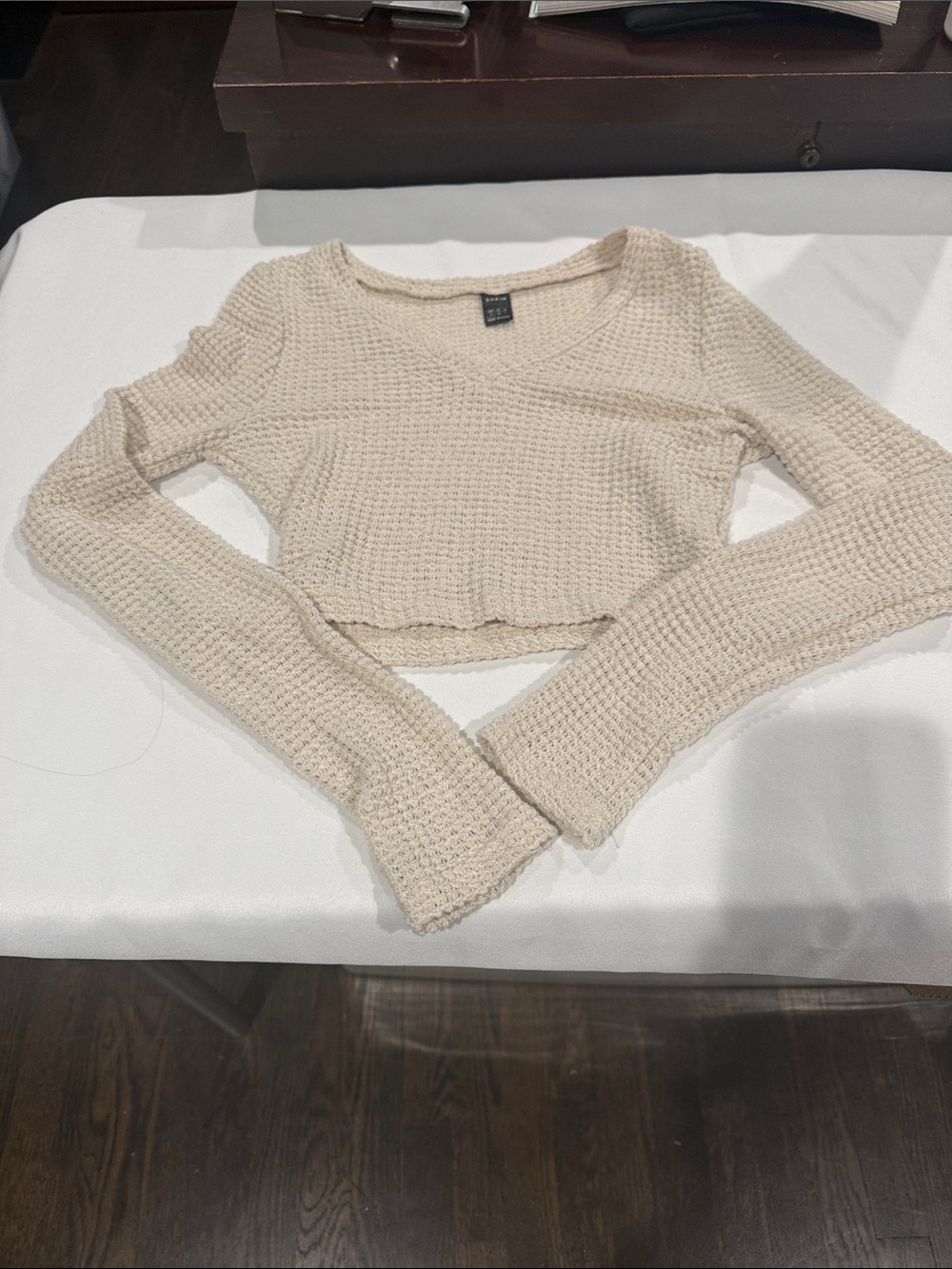 SHEIN Cream Waffle Knit Long Sleeve Crop Top